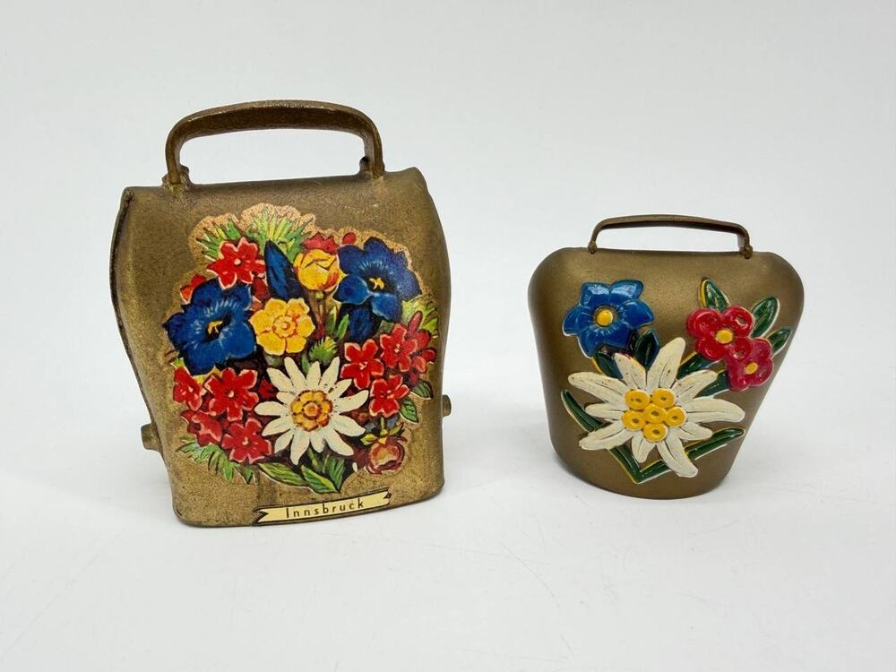 Bronze Alpine Cowbell Lot Innsbruck Souvenir Bells Edelweiss Floral Decor